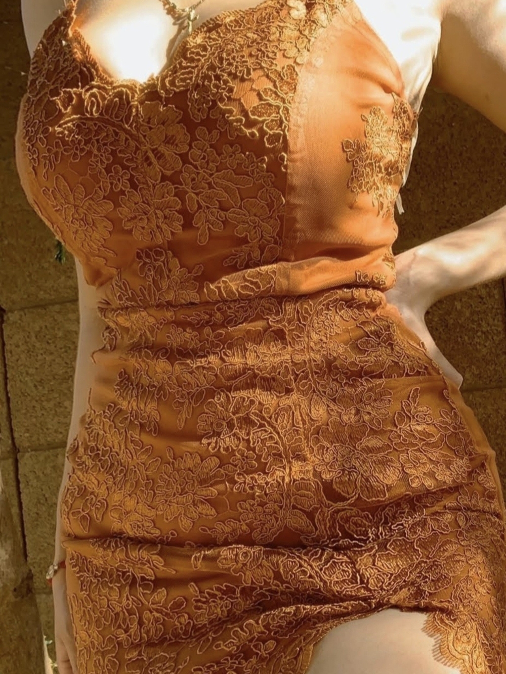 Embroidered Lace Slip Mini Dress — Burnt Orange